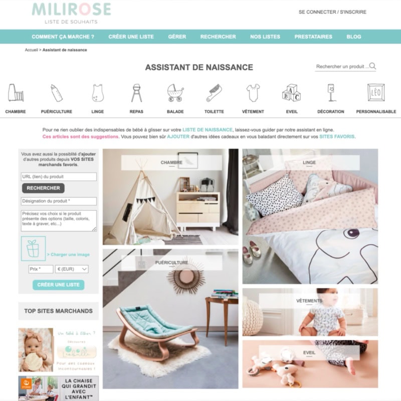Site internet Millirose pour liste de cadeaux de naissance